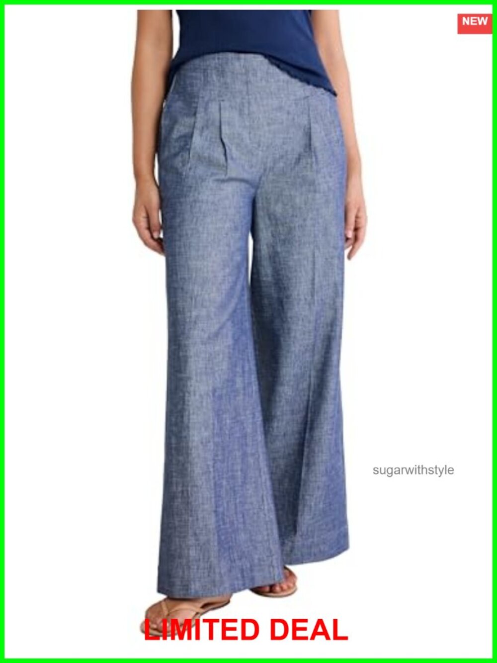 Chambray Cotton Wide Leg Trouser High Waisted Pull On Ankle Pants